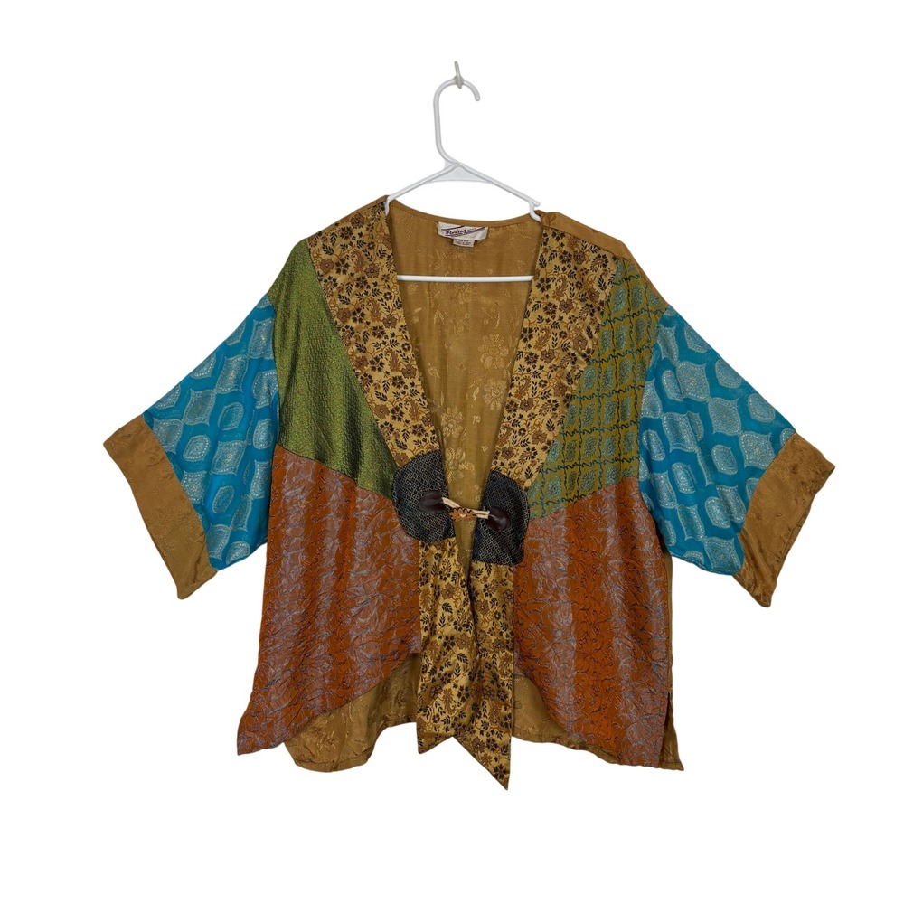 Sterling Styles Patchwork Jacket Women One Size Gold Boho Mixed Print Kimono